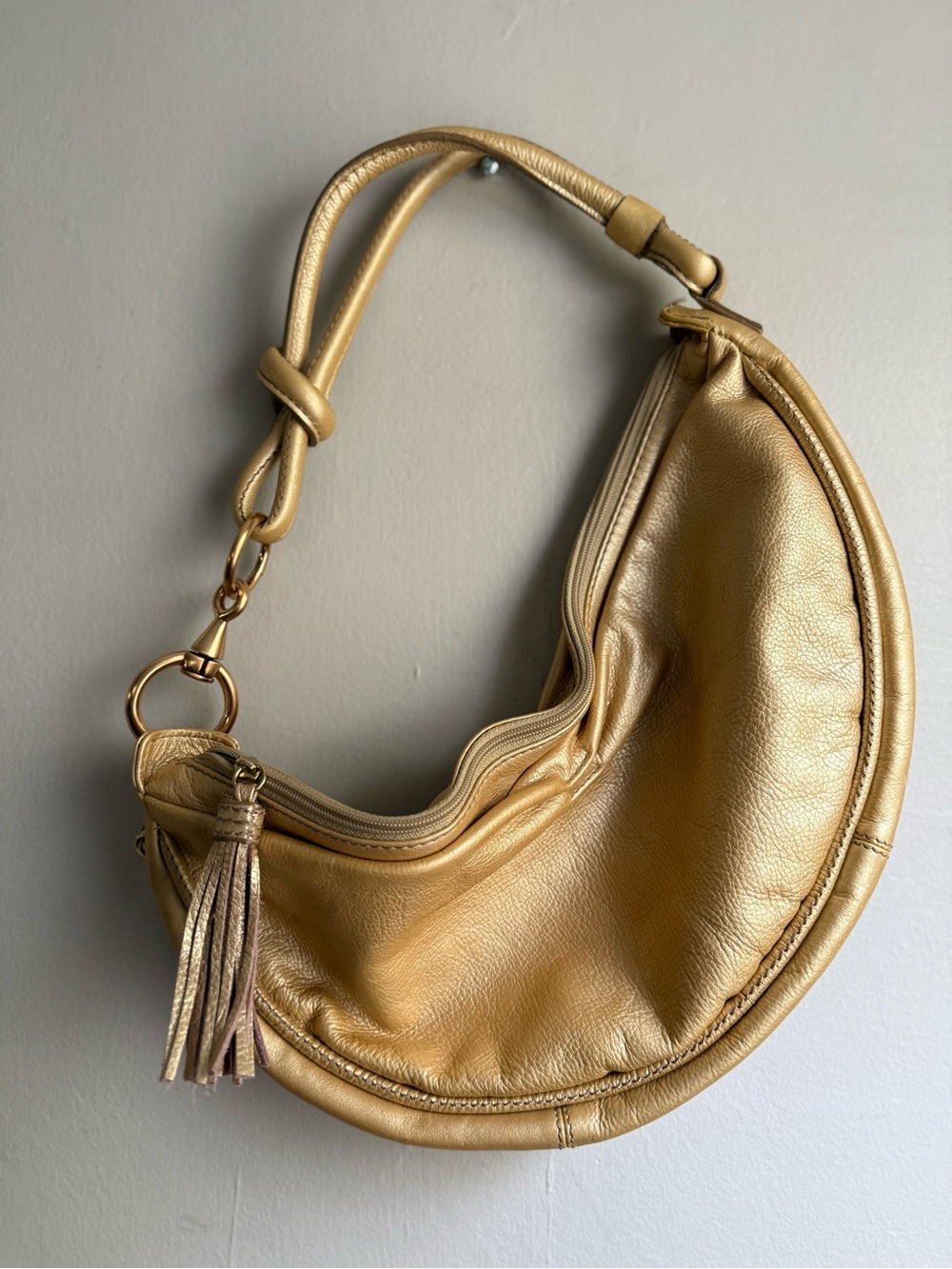 Fossil Metallic Gold Leather Hobo Shoulder Bag Tassel Y2K